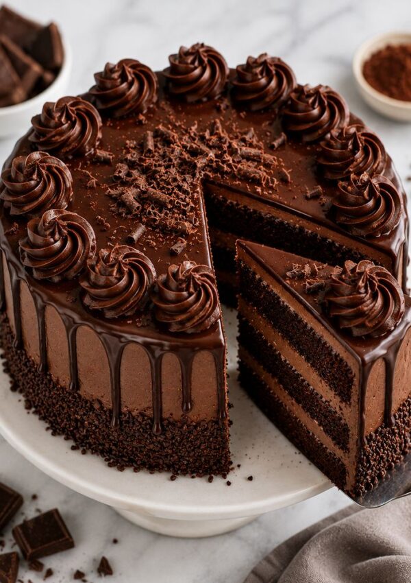A decadent three-layer chocolate cake with chocolate frosting, chocolate ganache drips, and piped swirls on top—perfect for unforgettable cakes at any celebration. A slice is being lifted, revealing its rich, moist layers.