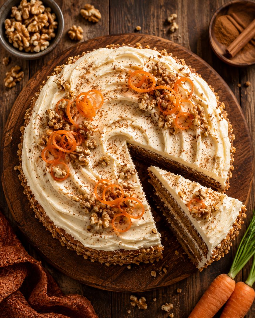A round carrot cake with cream cheese frosting, garnished with walnut pieces and carrot curls, sits on a wooden board. One slice is cut. Fresh carrots, walnuts, and cinnamon sticks are nearby.