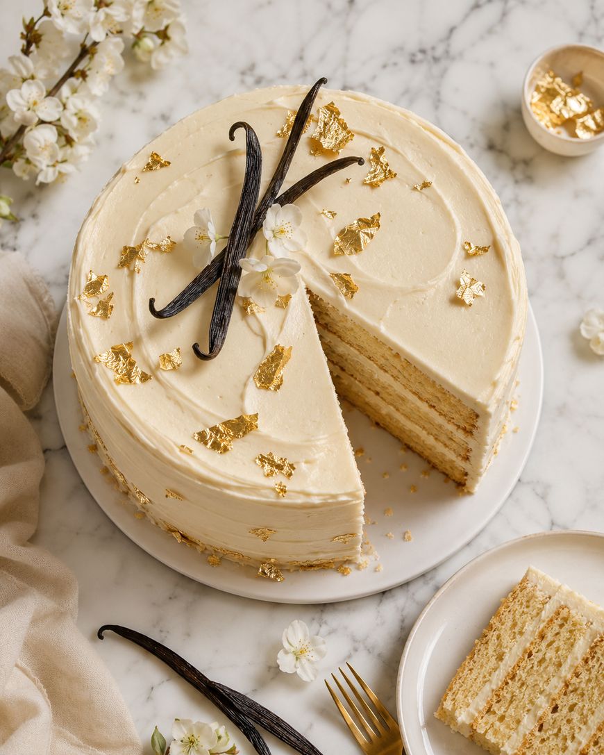 A round layer cake with creamy white frosting, decorated with gold leaf, vanilla beans, and white flowers. One slice is cut and placed on a plate beside the cake. The cake sits on a marble surface with flowers nearby.