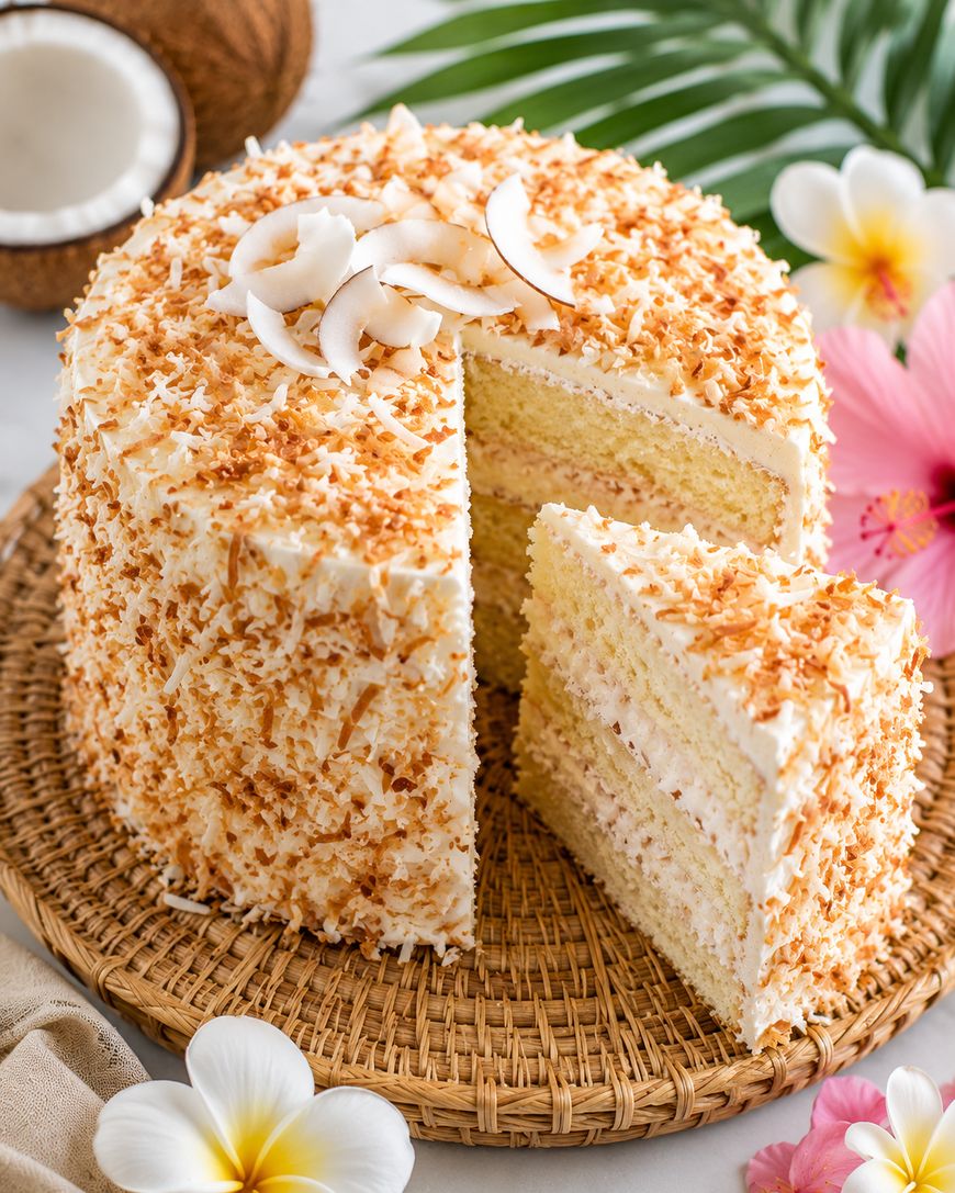 A round coconut cake with white frosting and toasted coconut flakes, topped with coconut slices. One slice is cut out and placed beside the cake. The cake sits on a woven mat, surrounded by tropical flowers and a palm leaf.