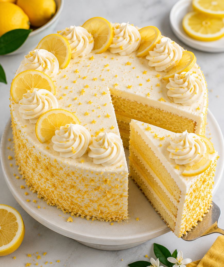 A lemon layer cake with creamy frosting, topped with lemon slices and swirls of frosting, and decorated with yellow sprinkles. A slice is being lifted from the cake on a cake stand, with lemons in the background.