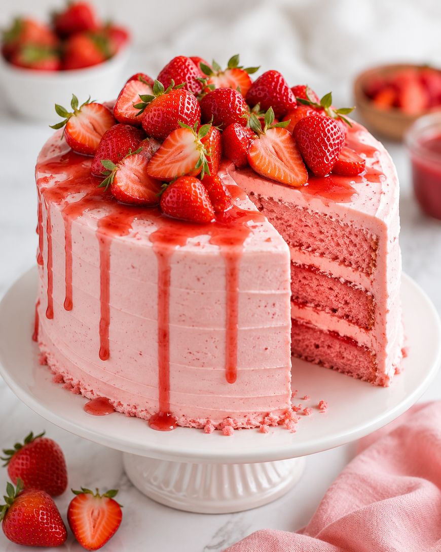 A pink frosted layer cake topped with fresh strawberries and strawberry sauce sits on a white cake stand. A slice is missing, revealing the cakes pink layers. Loose strawberries and a pink napkin are nearby.