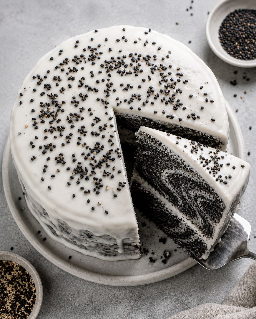 A round cake with white icing and black sesame seeds on top, with one slice being lifted out. The cake has a marbled black and white interior and sits on a white plate, surrounded by small bowls of black sesame seeds.