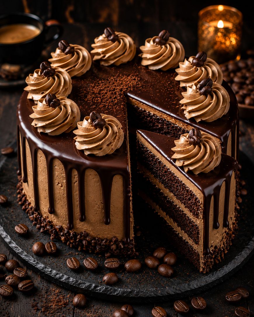 A rich chocolate layer cake with mocha frosting and chocolate ganache drip, decorated with swirls of mocha cream and coffee beans, sits on a slate platter with scattered coffee beans around it. A lit candle glows in the background.