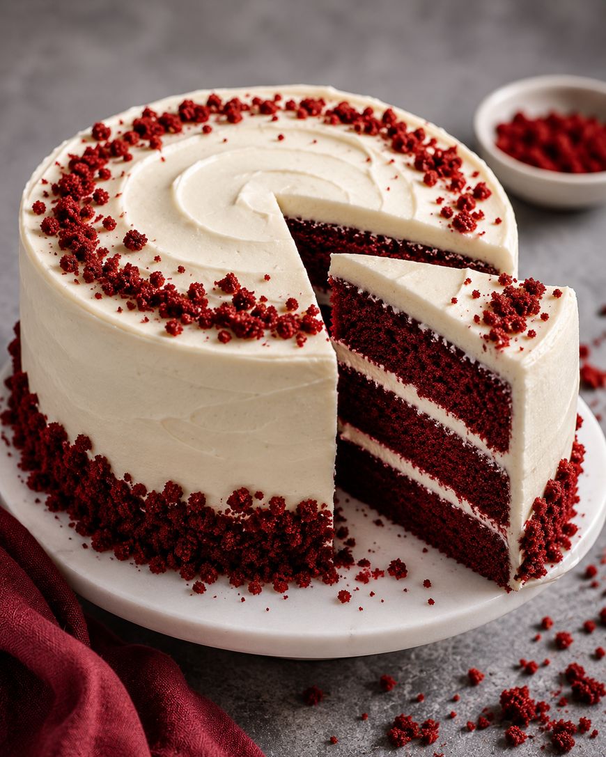 A three-layer red velvet cake with white cream cheese frosting, decorated with red cake crumbs around the top and bottom edges. A large slice is cut and slightly pulled out on a white cake stand.