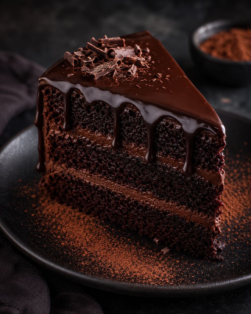 A slice of rich, moist chocolate cake with glossy chocolate ganache, chocolate shavings on top, and cocoa powder dusted on a black plate, set against a dark background.