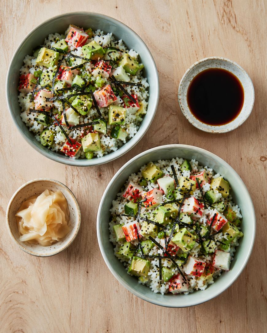 Two bowls of sushi rice topped with imitation crab, avocado, seaweed strips, and sesame seeds, next to small bowls of soy sauce and pickled ginger on a wooden surface.