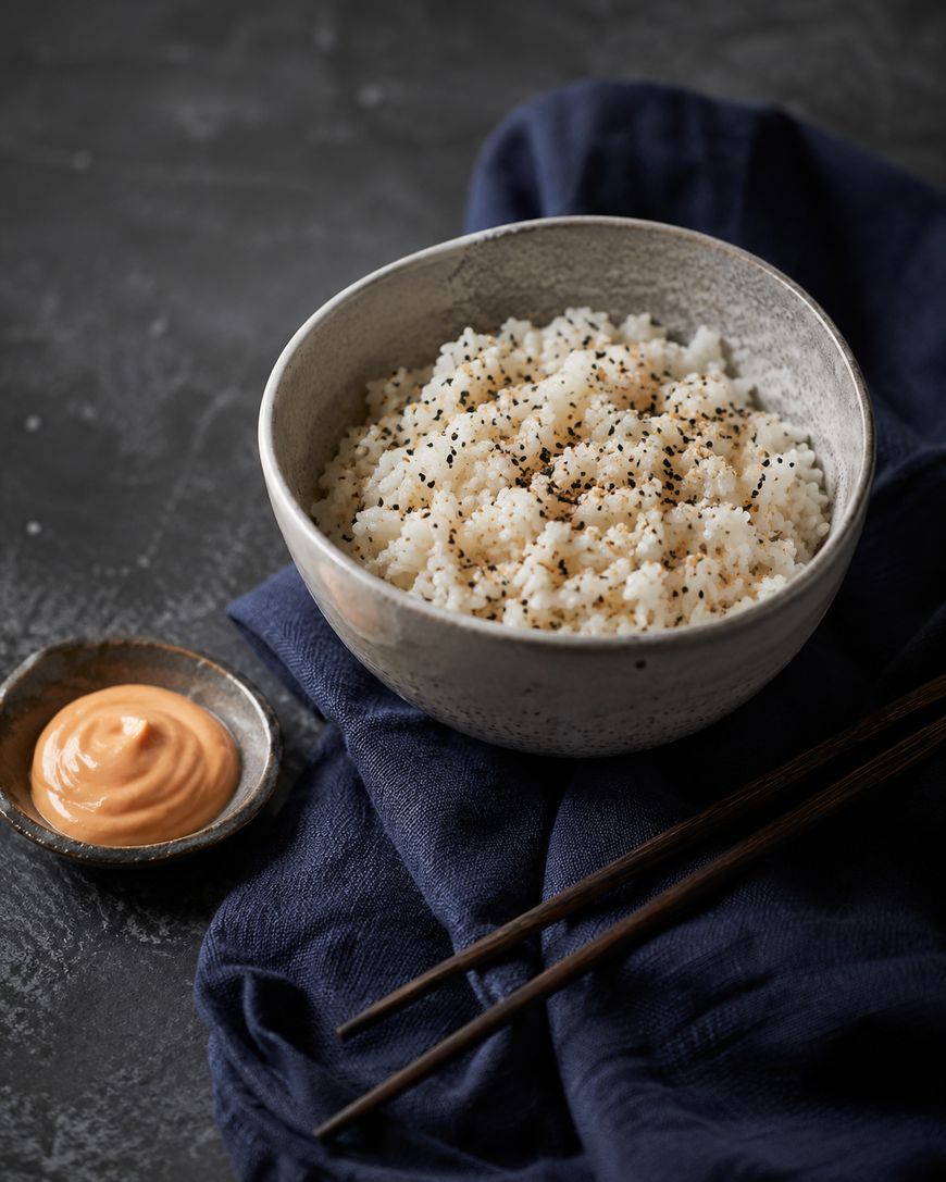 A bowl of white rice sprinkled with black pepper sits on a dark blue cloth, next to a small dish of orange dipping sauce and a pair of chopsticks, all on a dark textured surface.