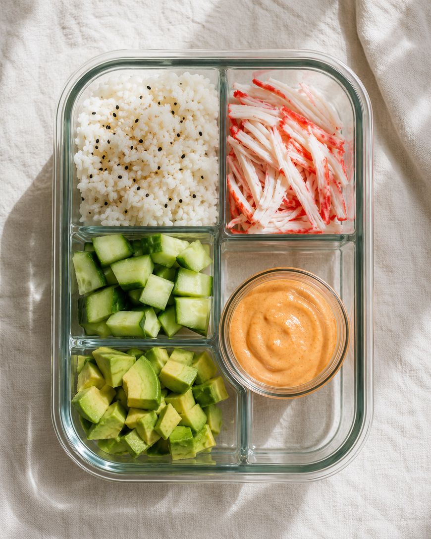 A glass bento box with four sections containing white rice with black pepper, shredded imitation crab, diced cucumber, diced avocado, and a small bowl of creamy orange sauce.