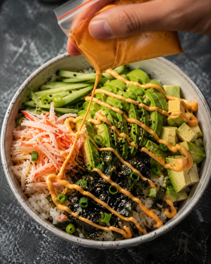 A hand pours orange sauce from a small bag over a bowl filled with rice, sliced avocado, cucumber, imitation crab, seaweed strips, green onions, and sesame seeds.