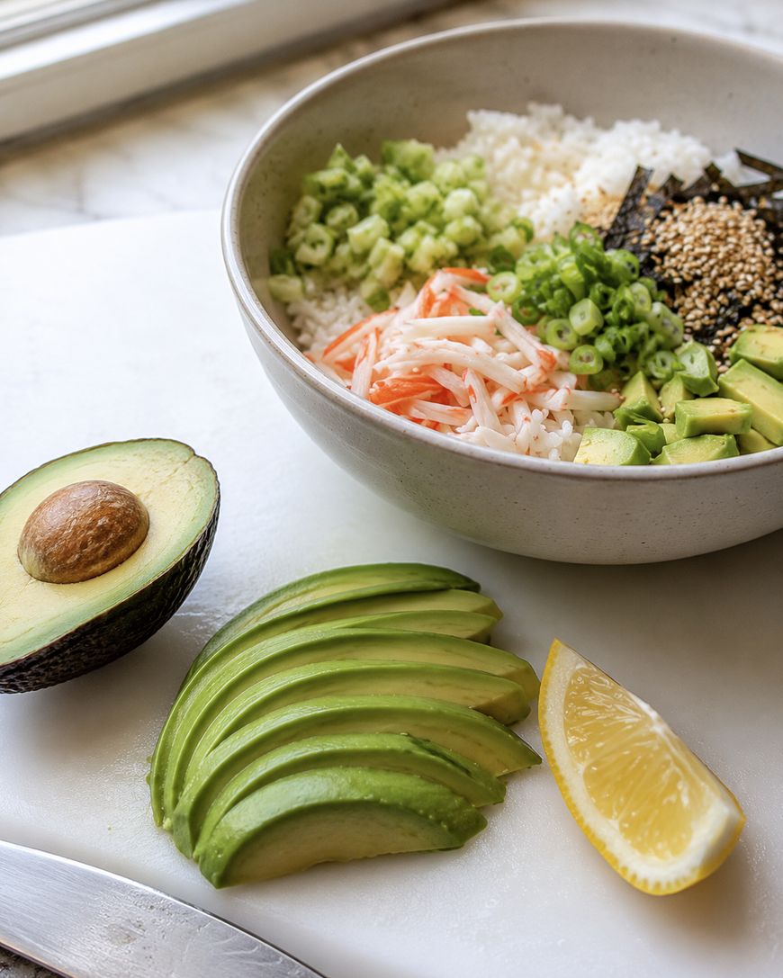 A bowl of rice topped with imitation crab, chopped green onions, avocado, seaweed, and sesame seeds. In front, sliced avocado, half an avocado, and a lemon wedge are arranged on a white cutting board.