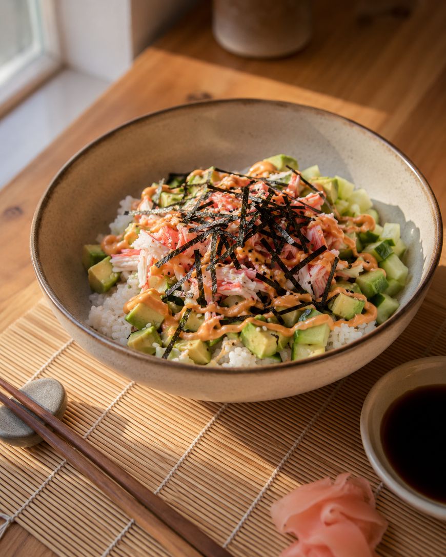 A bowl of sushi rice topped with avocado, cucumber, imitation crab, shredded seaweed, and spicy mayo sits on a bamboo mat beside chopsticks, soy sauce, and pickled ginger. Sunlight streams in from a nearby window.