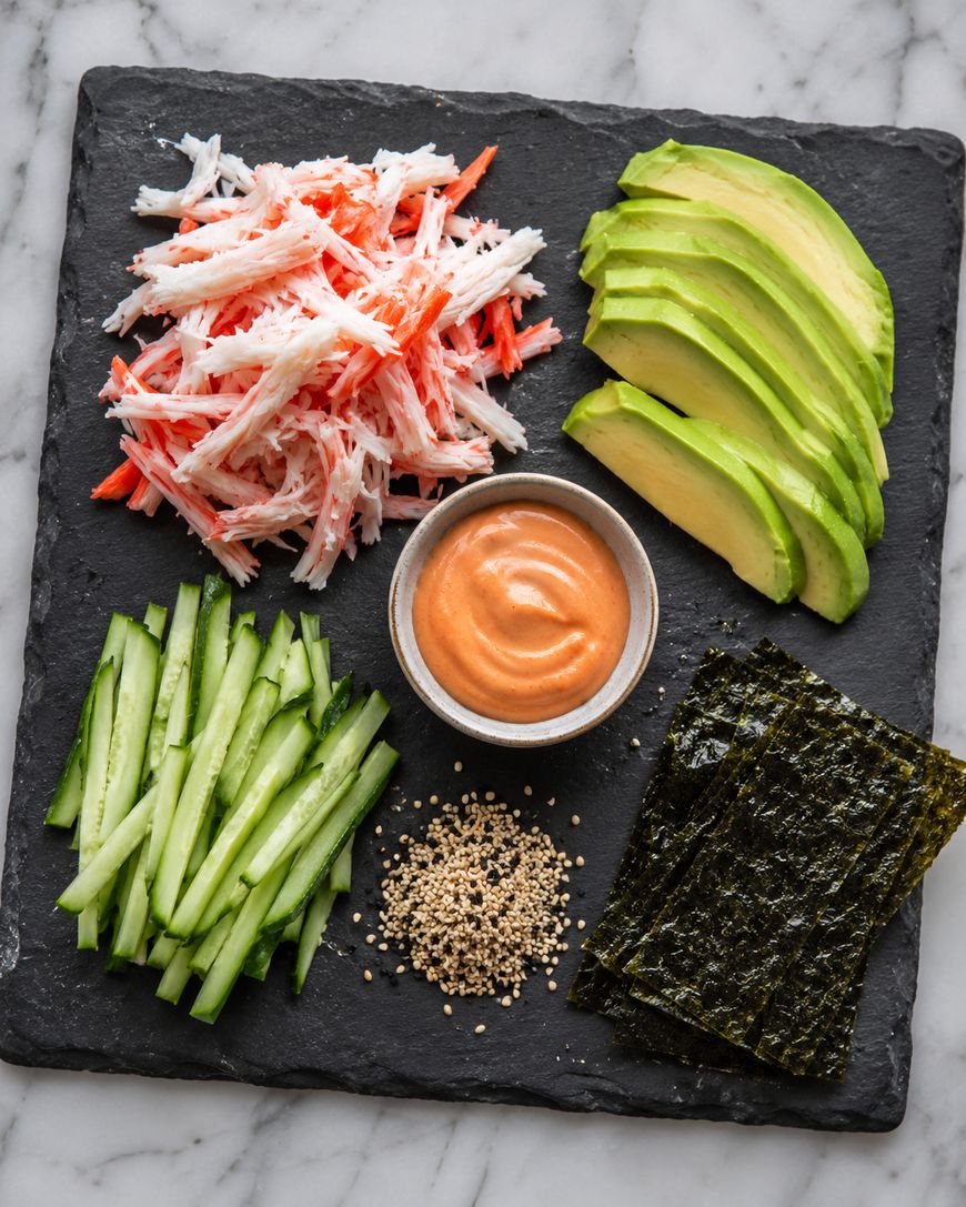 Overhead view of a slate platter with piles of shredded crab sticks, sliced avocado, sliced cucumber, sesame seeds, a stack of nori seaweed sheets, and a small bowl of orange dipping sauce in the center.