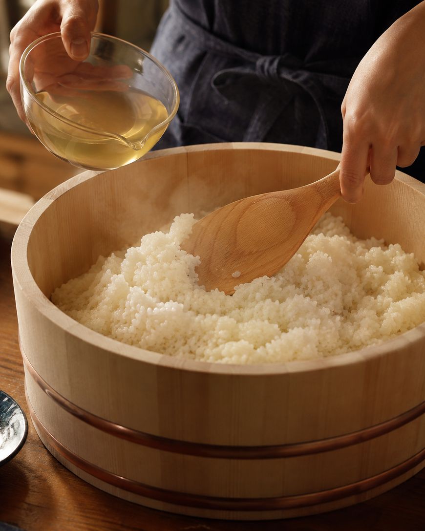A person pours vinegar from a small glass bowl onto freshly cooked rice in a wooden tub, mixing it with a wooden paddle. Steam rises from the rice.