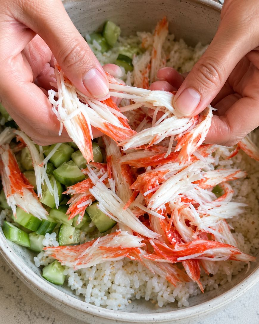 Hands shredding imitation crab meat over a bowl filled with sushi rice and diced cucumbers.