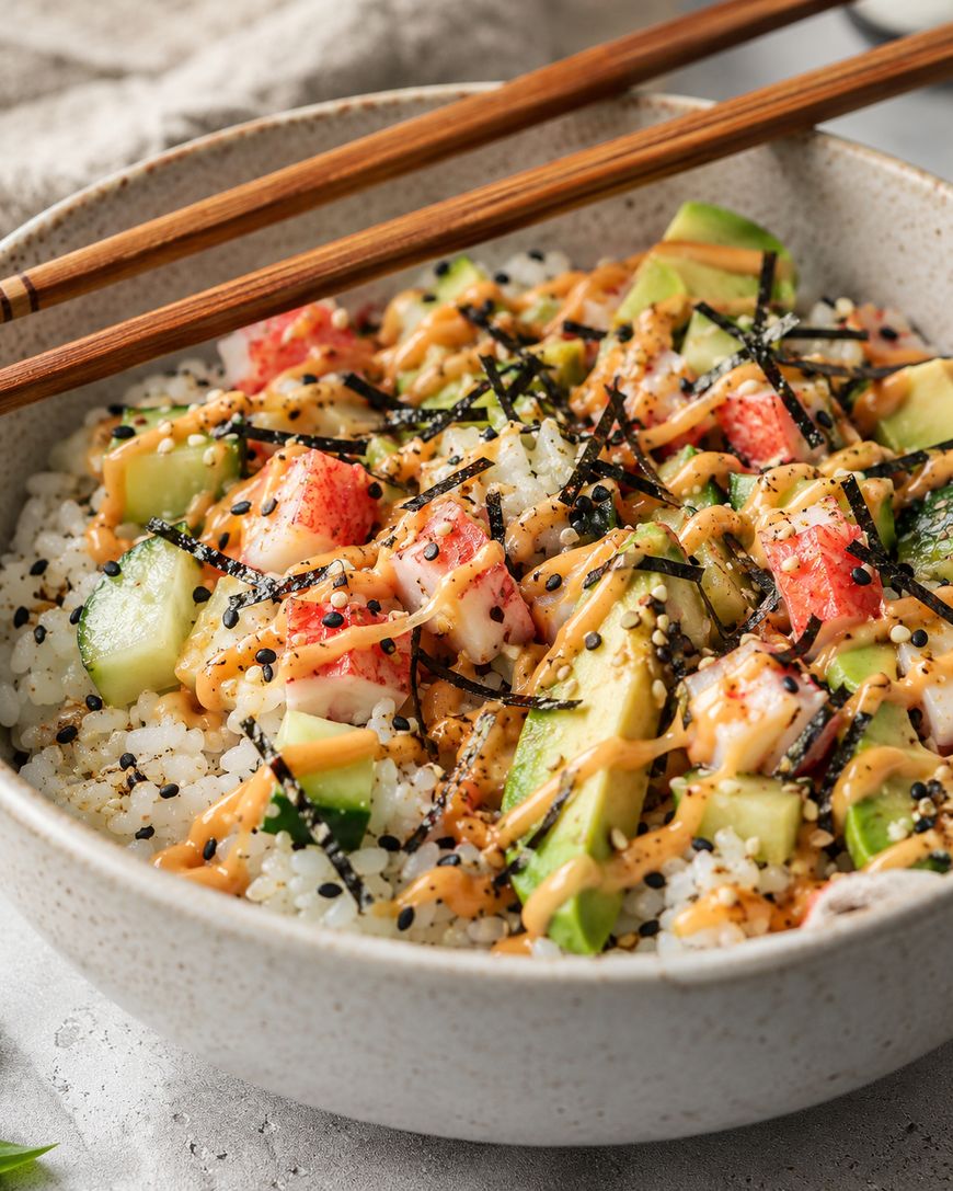 A bowl of sushi rice topped with imitation crab, avocado, cucumber, shredded seaweed, sesame seeds, and a drizzle of orange sauce, with chopsticks resting on the bowl’s edge.