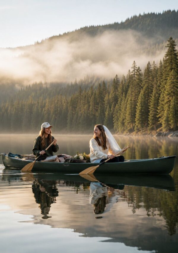 Two women paddle a canoe on a calm lake surrounded by pine trees and misty mountains—a dreamy setting for camp bachelorette party ideas. One wears a white veil, the other a cap. The peaceful scene is reflected in the still water.