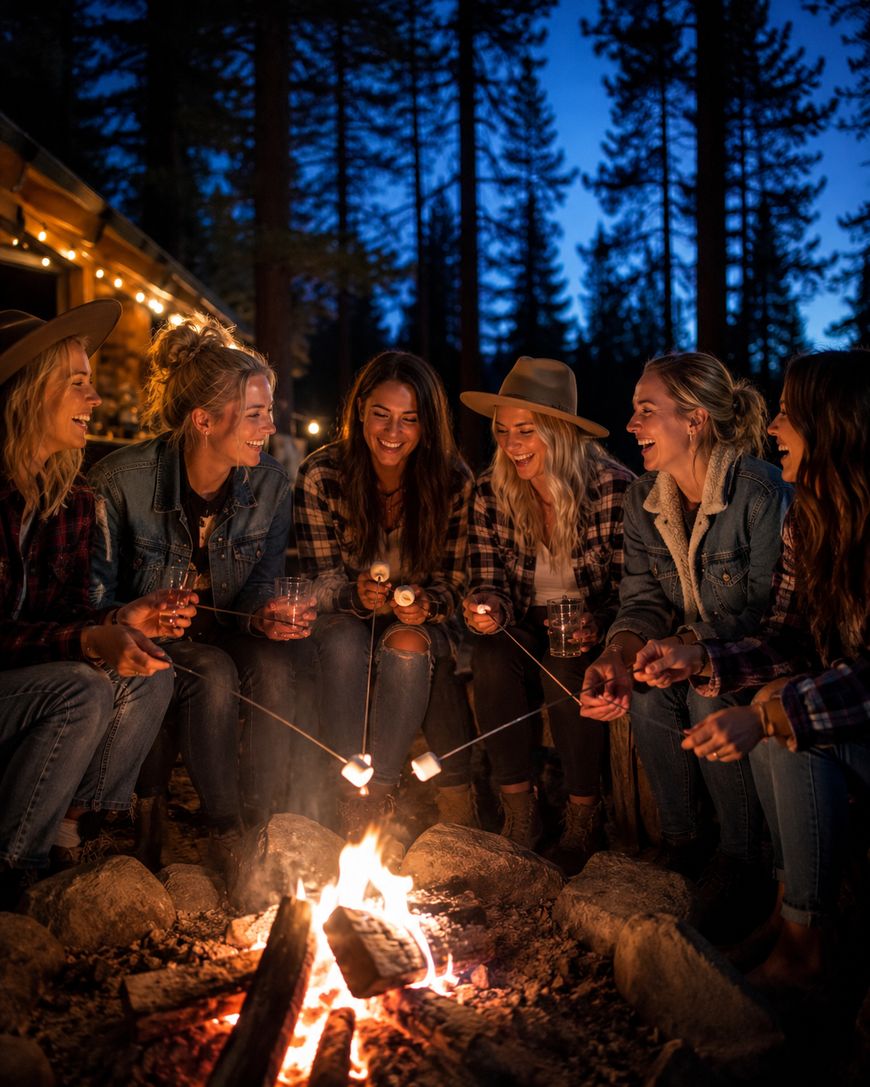 Six women sit around a campfire at dusk, roasting marshmallows, laughing, and enjoying drinks. They wear casual, outdoorsy clothes and are surrounded by tall trees and soft string lights from a nearby cabin.