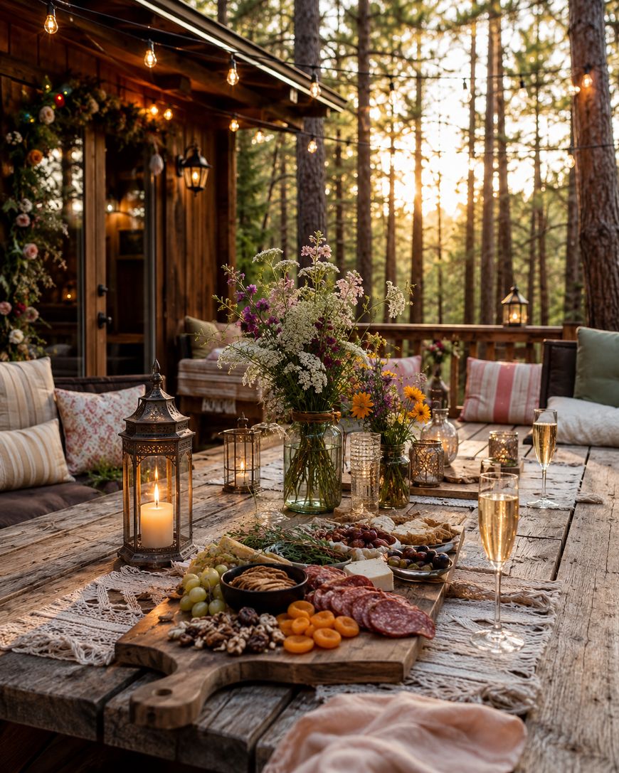 A rustic wooden table set outdoors with a charcuterie board, glasses of champagne, fresh flowers in vases, and lit lanterns at sunset, surrounded by forest and cozy seating with pillows.