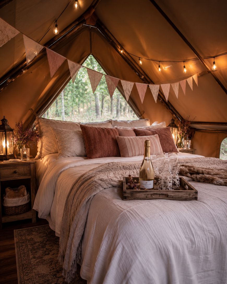 A cozy glamping tent with a plush bed, soft pillows, string lights, bunting, and a wooden tray holding a bottle of champagne. Rustic nightstands with lamps and flowers add a warm, inviting touch. Trees are visible through the open tent flaps.
