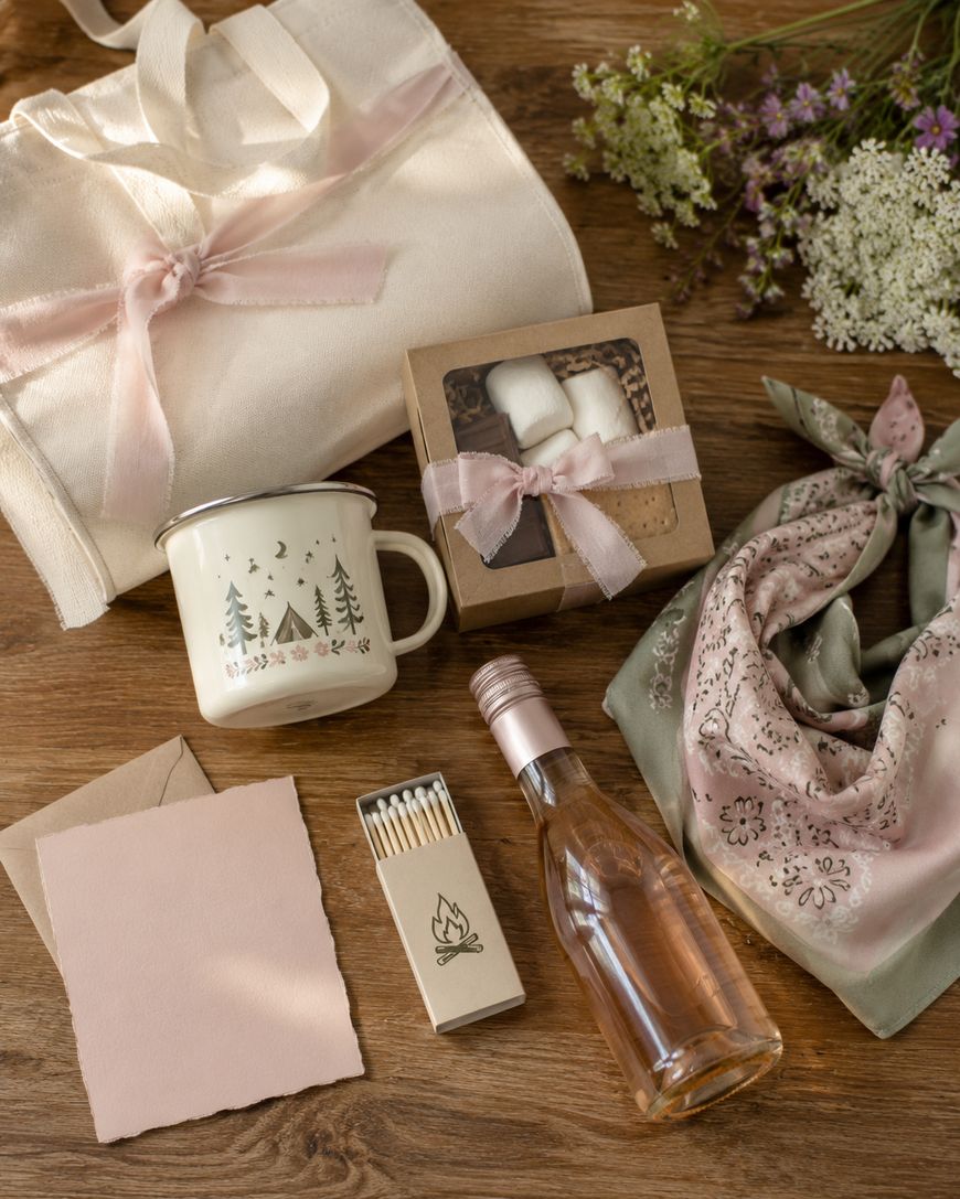 A flat lay of gift items on a wooden surface, including a mug with a forest design, matches, a pink bottle, a silk scarf, a gift box with marshmallows, an envelope with a card, a canvas bag, and some wildflowers.