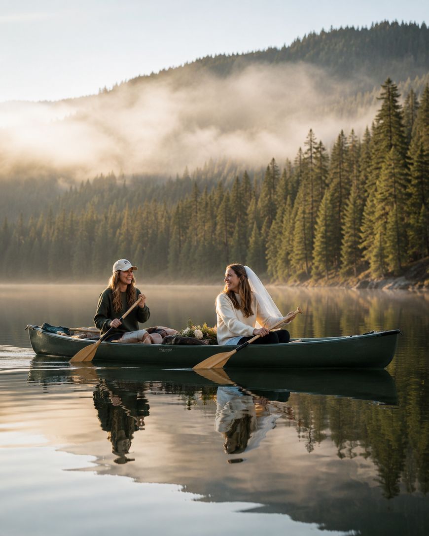 Two women sit in a canoe on a calm lake surrounded by pine trees and misty mountains; one wears a veil, and both are smiling, enjoying the peaceful nature around them.