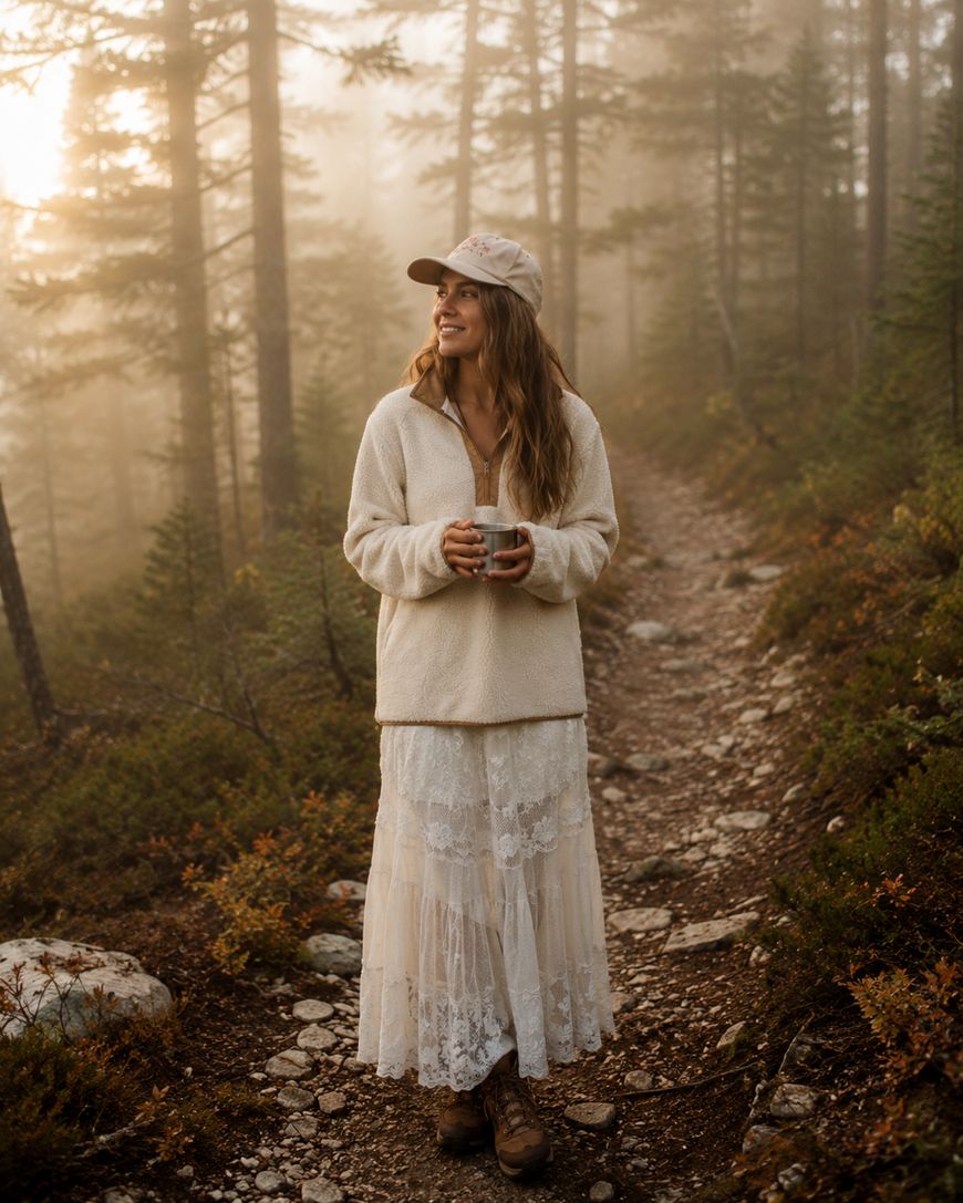 A woman in a cream sweater, lace skirt, boots, and a cap stands on a forest trail holding a mug, surrounded by misty trees and soft sunlight. She smiles and looks off to the side, enjoying the peaceful, foggy morning.