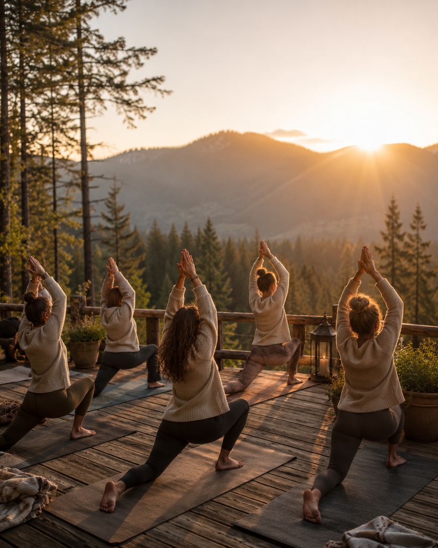 Five people practice yoga on a wooden deck overlooking a forested mountain landscape at sunrise, with warm sunlight illuminating the scene and creating a peaceful atmosphere.