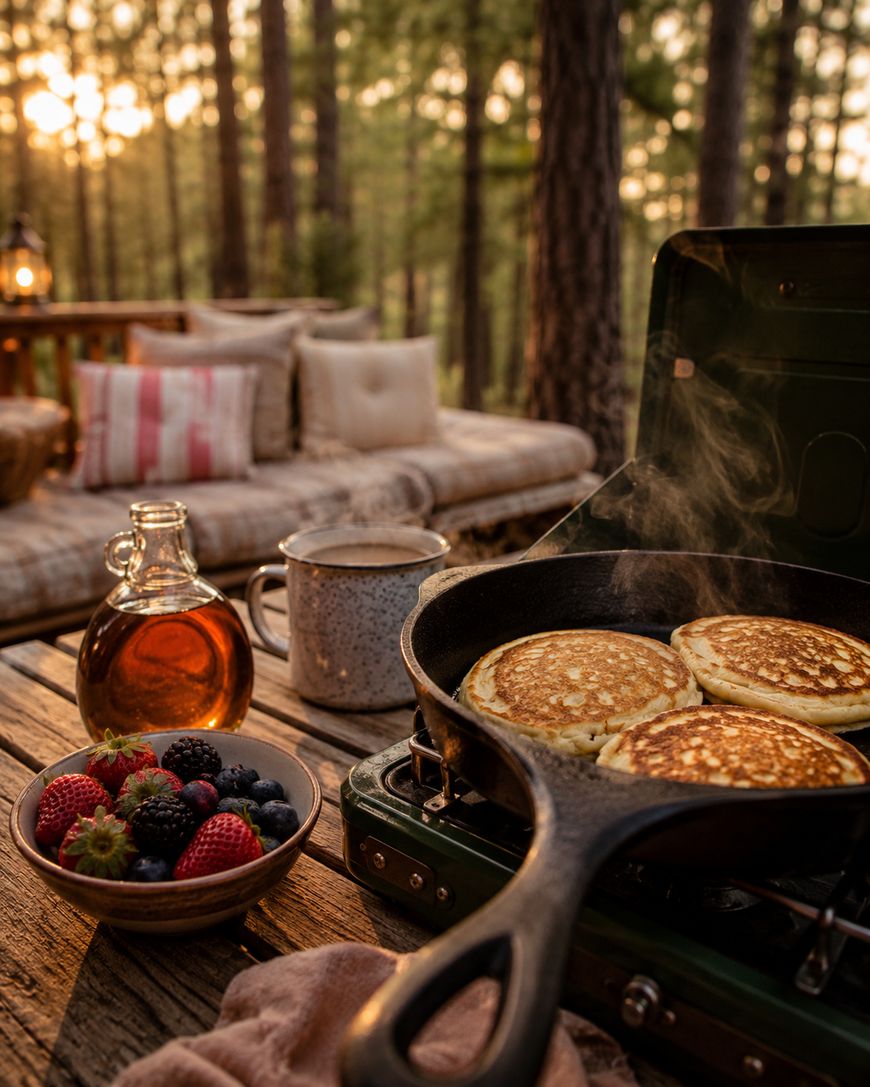 A cozy outdoor setup in the woods with a skillet of pancakes cooking on a camp stove, a bowl of fresh berries, a mug, a glass bottle of syrup, and a cushioned seating area in the background at sunrise.