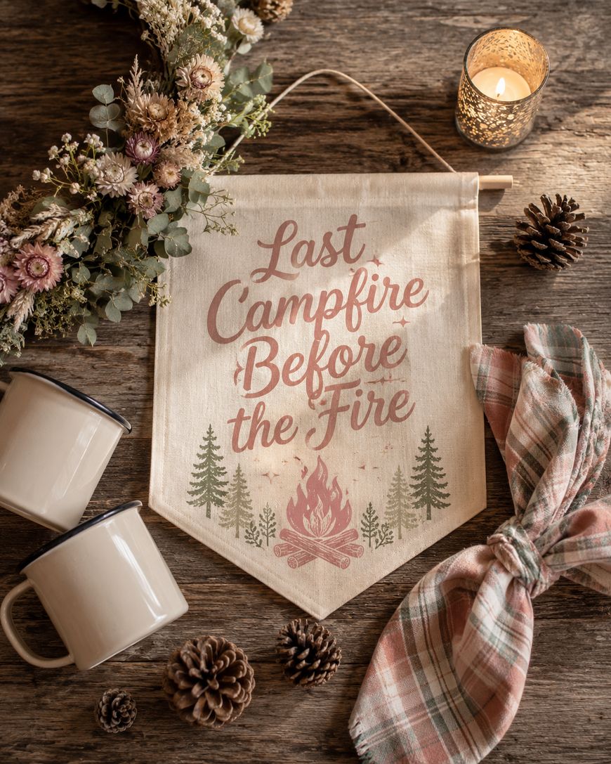 A rustic banner reads Last Campfire Before the Fire with campfire and tree graphics. Surrounding it are two mugs, pinecones, flowers, a plaid napkin, and a lit candle on a wooden surface.