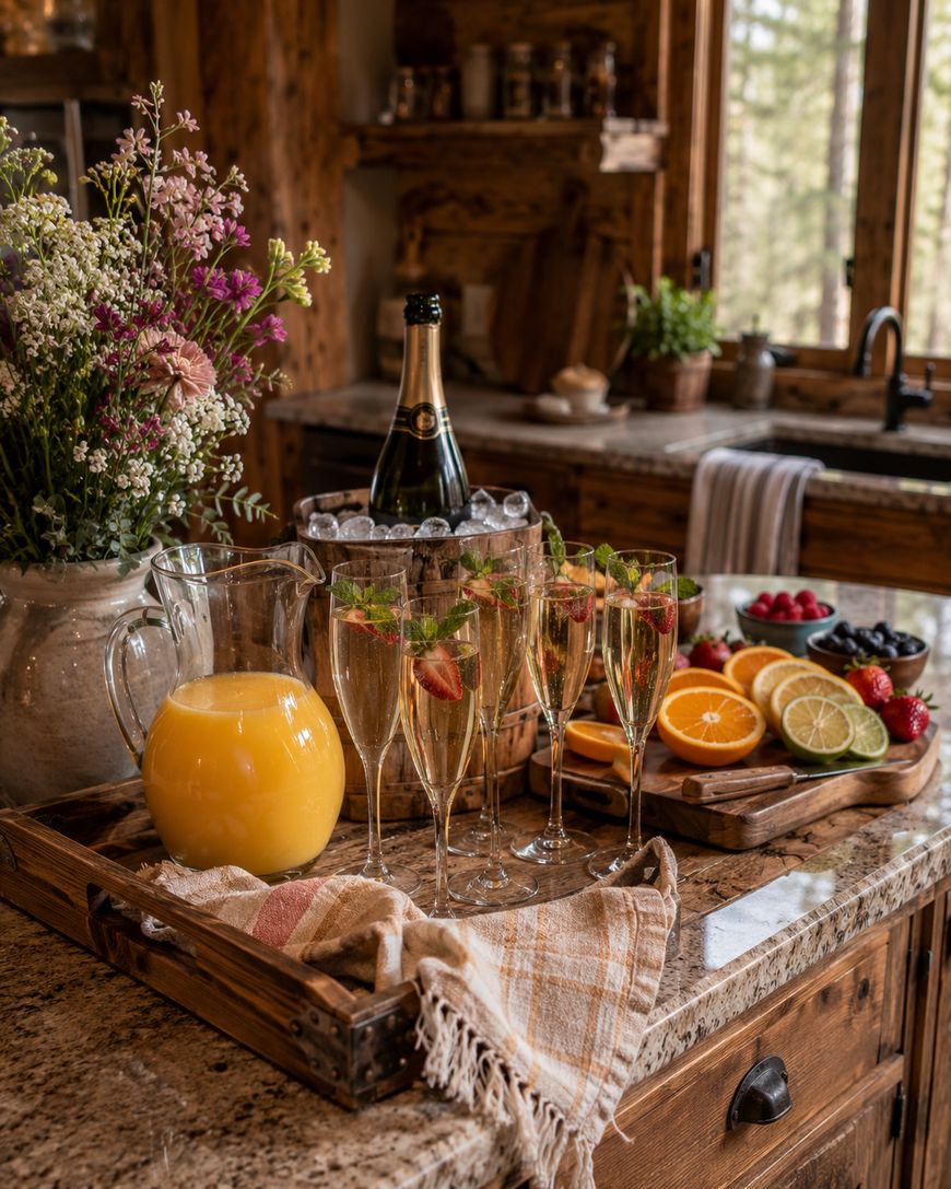 A rustic kitchen scene with a wooden tray holding six champagne flutes garnished with strawberries, a pitcher of orange juice, a bottle of champagne in ice, citrus slices, berries, and a vase of wildflowers.