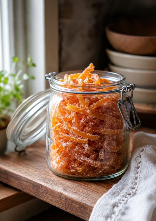 A glass jar filled with sugared orange candied citrus peels, made from a classic candied orange peel recipe, sits on a wooden kitchen shelf near a window with natural light, beside stacked bowls and a small potted plant.