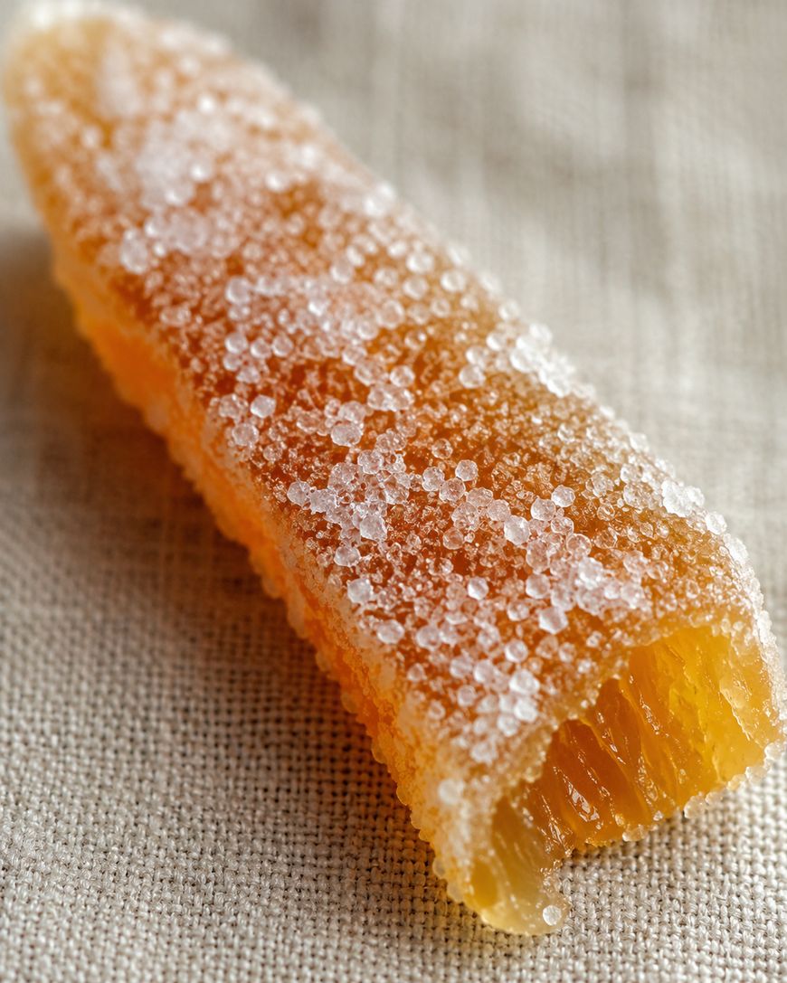 A close-up of a candied orange peel coated in coarse sugar crystals, resting on a textured beige fabric surface.