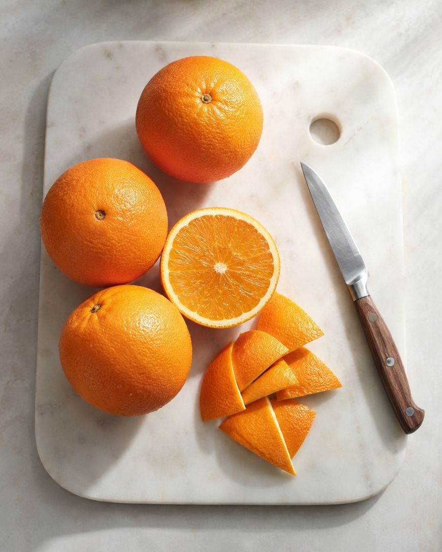 Three whole oranges, one halved orange, and several orange wedges are arranged on a white marble cutting board. A paring knife with a wooden handle lies beside the fruit.