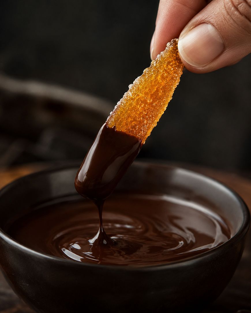 A hand dips a sugar-coated candied orange peel into a bowl of melted dark chocolate, with chocolate dripping off the orange peel.