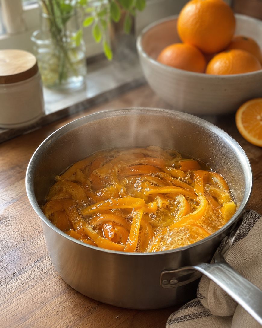 A saucepan filled with simmering orange marmalade, with orange peel strips visible. In the background, a bowl of whole oranges and a sliced orange are on a wooden countertop near a sunny window.