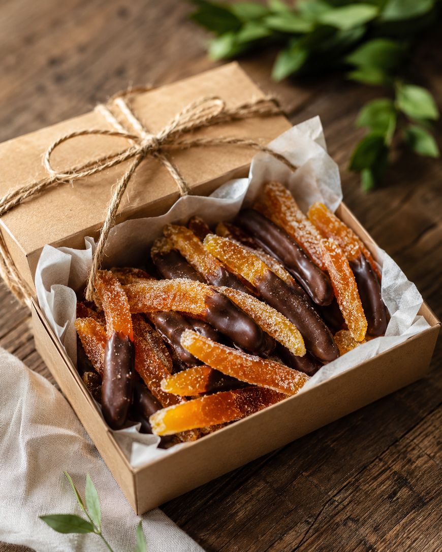 A gift box lined with parchment paper contains chocolate-dipped and sugar-coated candied orange peels, with the box lid tied in twine. The box is set on a rustic wooden table with green leaves nearby.