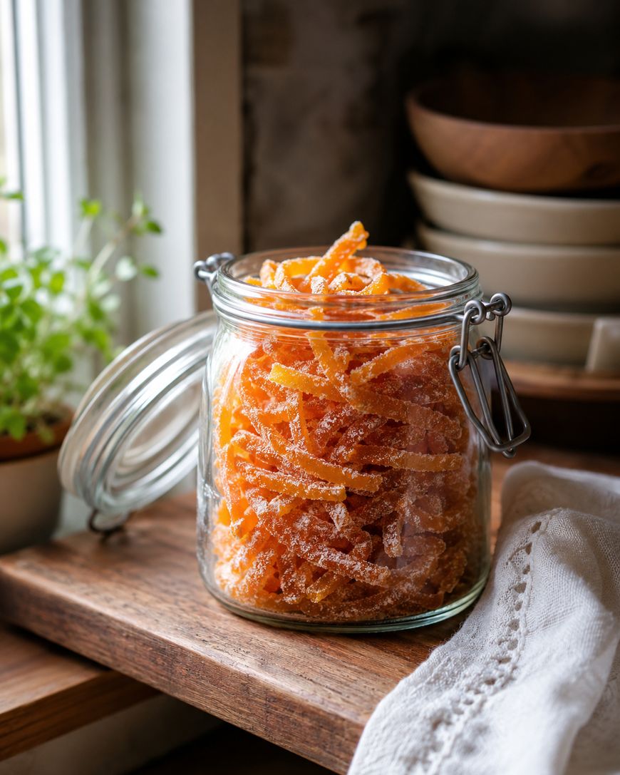 A glass jar filled with sugared orange candied peels sits on a wooden shelf near a window, with a plant, stacked bowls, and a white cloth nearby.