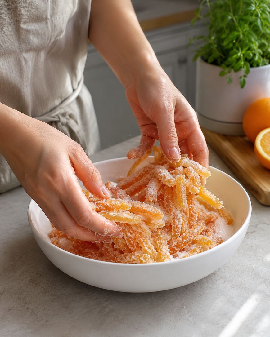 A person coats strips of candied orange peel in sugar in a white bowl on a kitchen counter, with fresh herbs and a sliced orange in the background.
