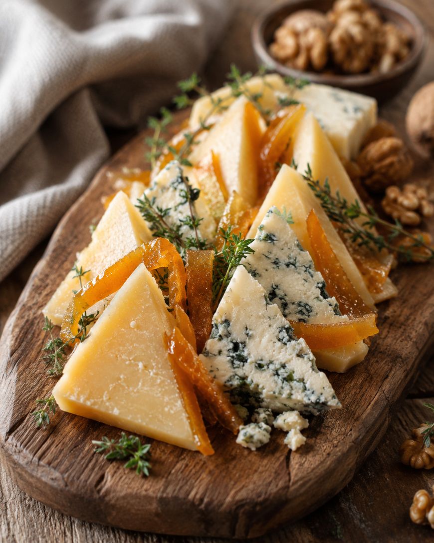 A wooden board with triangular slices of hard and blue cheese, garnished with herbs, orange peel, and walnuts, set on a rustic table with a beige napkin in the background.
