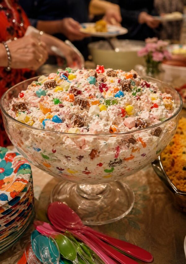 A large glass bowl filled with a colorful dessert made of whipped cream, mini marshmallows, and assorted candies—perfect for those searching for fun Candy Salad Ideas. People serve food in the background, with plastic spoons and plates on the table.