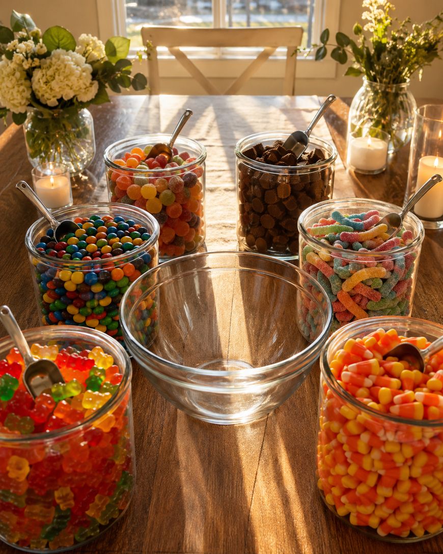 Six jars filled with colorful candies, including gummy bears, candy corn, chocolate candies, and sour worms, are arranged around a large empty glass bowl on a wooden table decorated with flowers and candles.