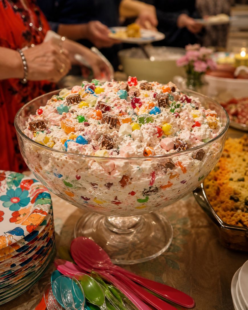 A large glass bowl filled with a colorful dessert made of whipped cream mixed with candies and chocolate pieces. The bowl is on a table with plastic spoons, plates, and other dishes. People are serving themselves in the background.