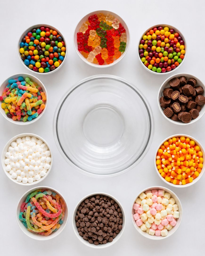 A clear empty glass bowl is surrounded by ten bowls filled with various colorful candies, including gummy bears, chocolate chips, mini peanut butter cups, candy corn, and rainbow sweets, all arranged on a white background.