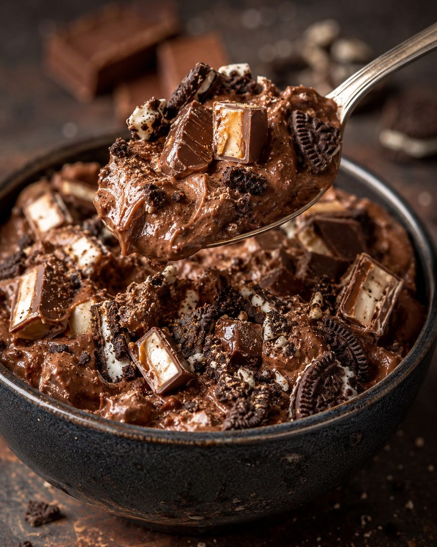 A bowl of rich chocolate dessert topped with chunks of chocolate bars and crumbled cookies, with a spoon lifting a portion, showcasing the creamy texture and generous toppings.