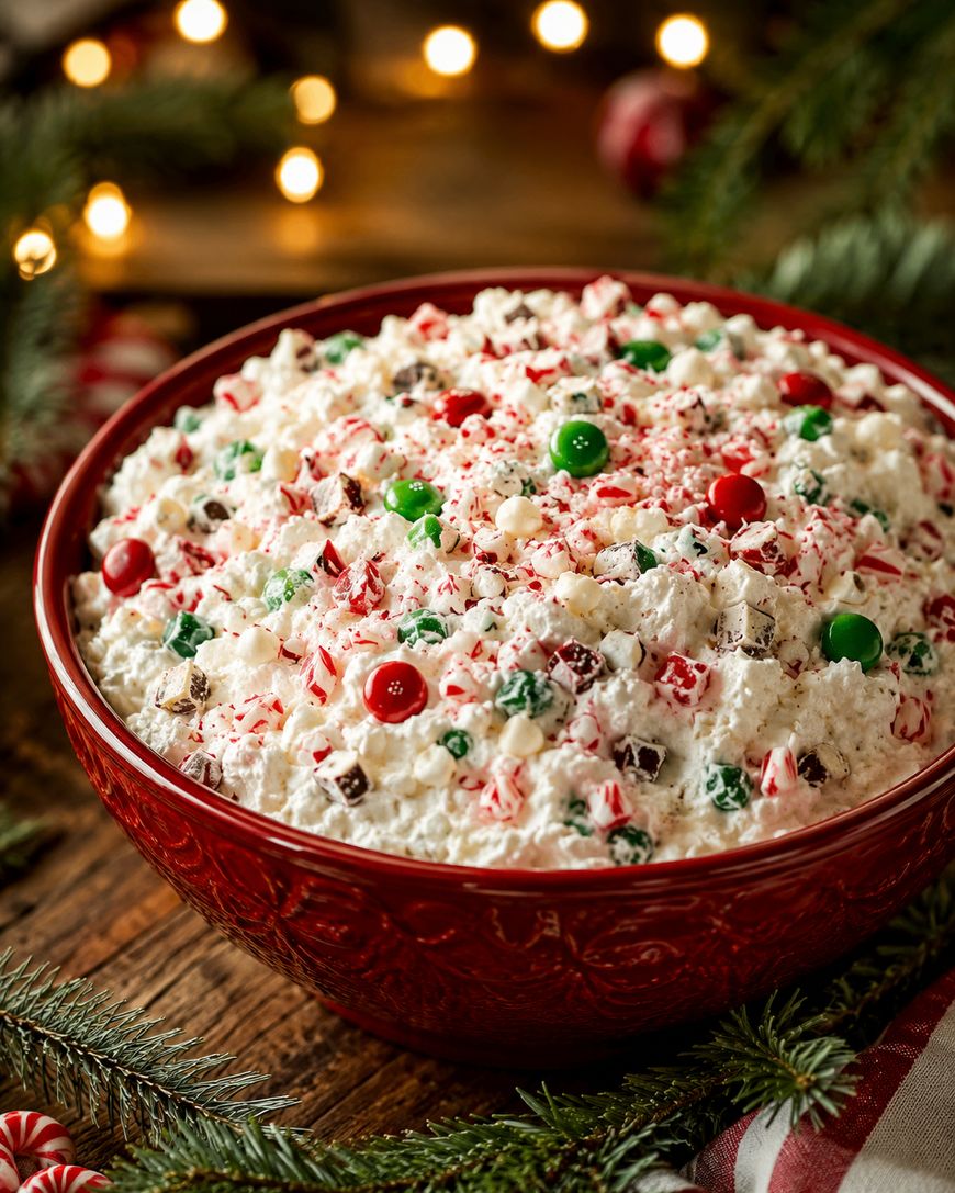 A festive red bowl filled with a creamy dessert topped with crushed peppermint, red and green candies, and chocolate pieces, surrounded by pine branches and warm holiday lights.