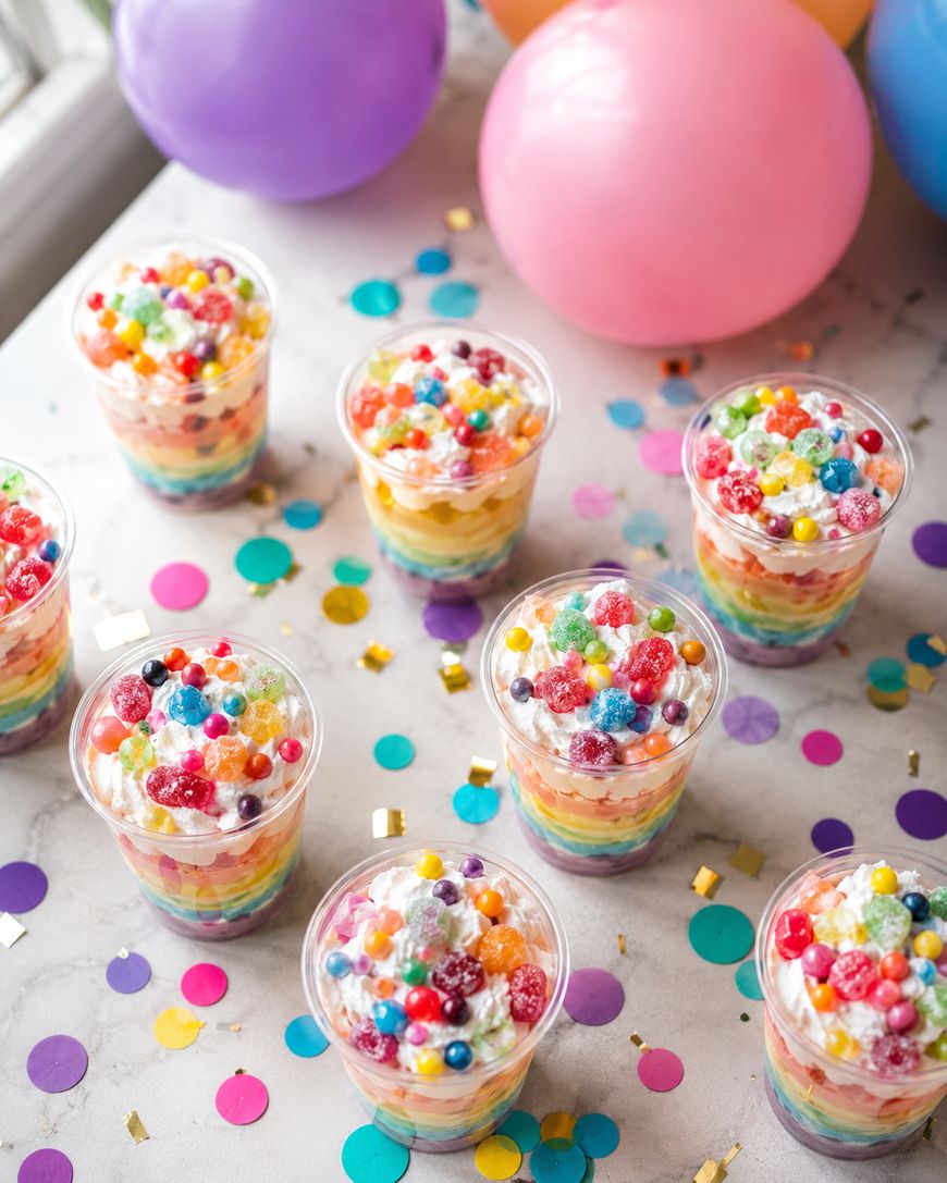 Colorful rainbow parfaits in clear cups are topped with whipped cream and assorted candy, arranged on a table scattered with confetti, with purple and pink balloons in the background.