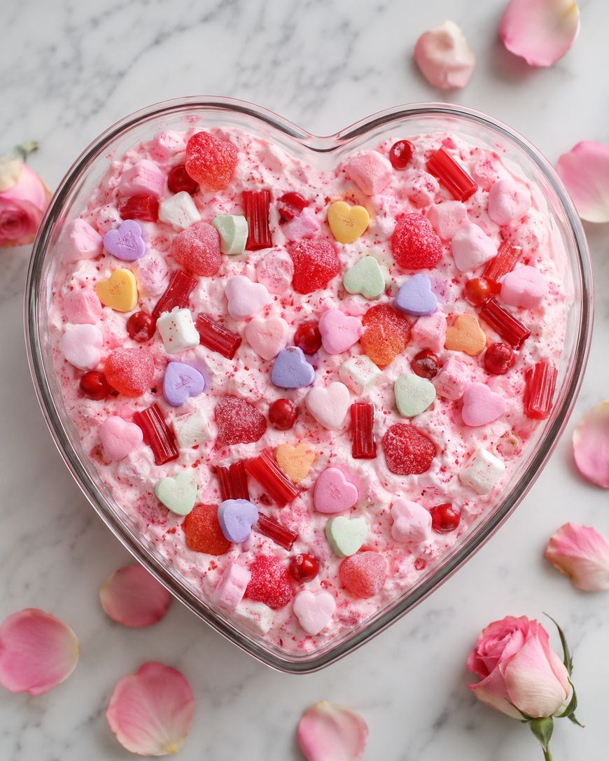 A heart-shaped dish filled with pink and white whipped dessert, topped with colorful heart-shaped candies, gummy pieces, and marshmallows, surrounded by pink rose petals and roses on a marble surface.