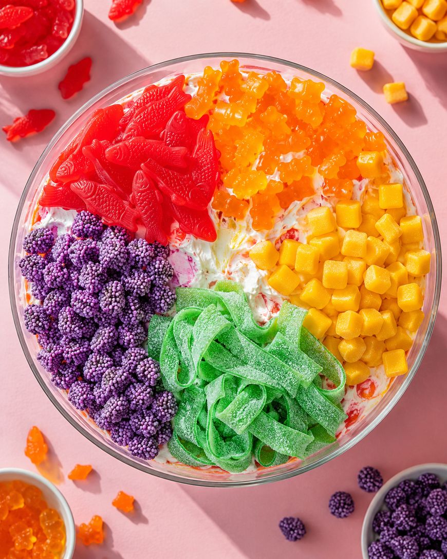 A glass bowl on a pink surface filled with whipped dessert, topped with sections of red gummy fish, orange candy cubes, yellow candy cubes, purple candy, and green sour ribbon candy. Small bowls of candies surround the bowl.