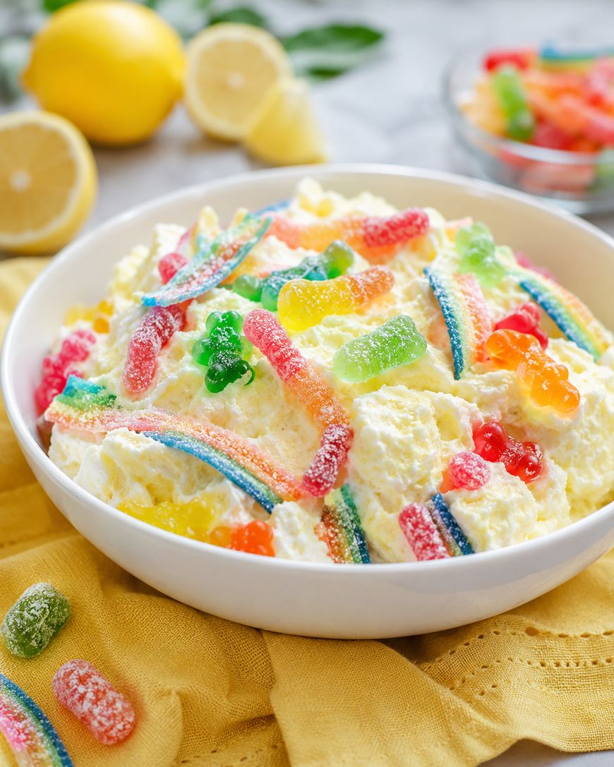A white bowl filled with whipped cream dessert, topped with colorful gummy candies and sour rainbow strips, sits on a yellow cloth. Sliced lemons and more gummy candy are in the background.